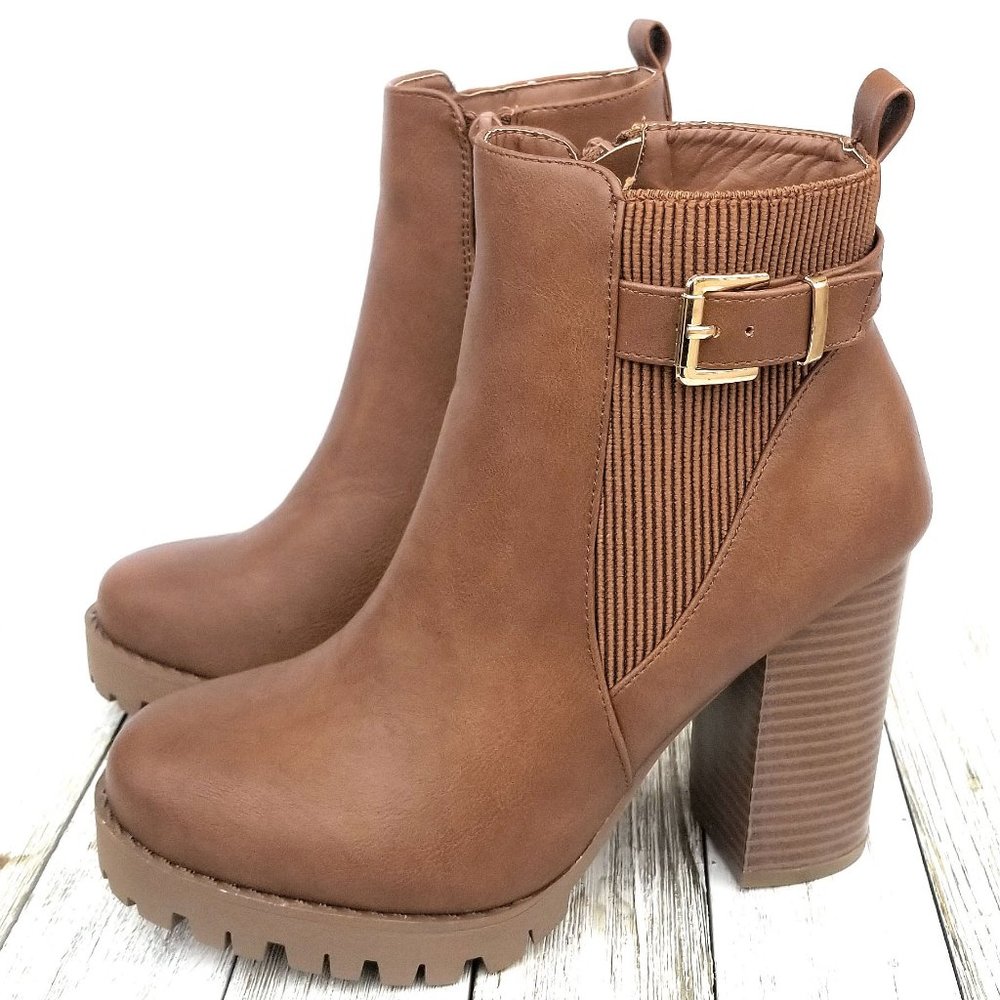 New Women Tan Elastic Chelsea Chunky Heel Ankle Boots Booties